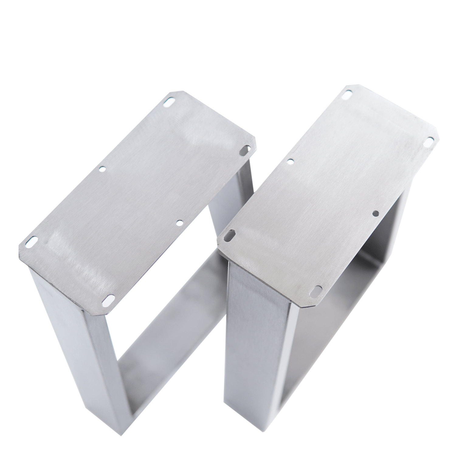 Silver trapezoid bench leg frames with mounting holes, pair set