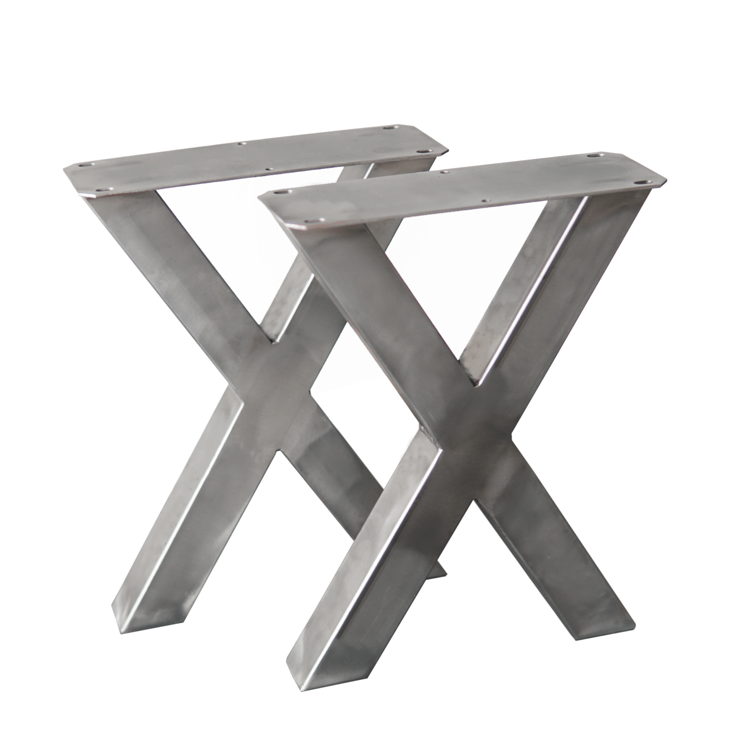 Bench X-leg metal supports in silver finish with attached top mounting plates.
