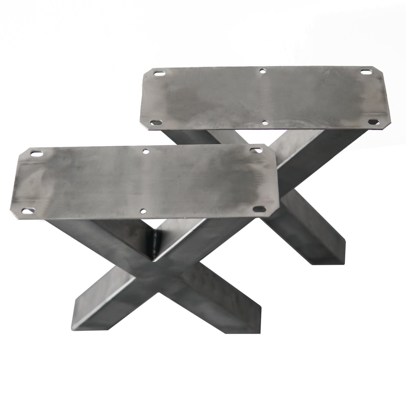 Bench X-leg metal base frames with drilled mounting plates and crossed supports.
