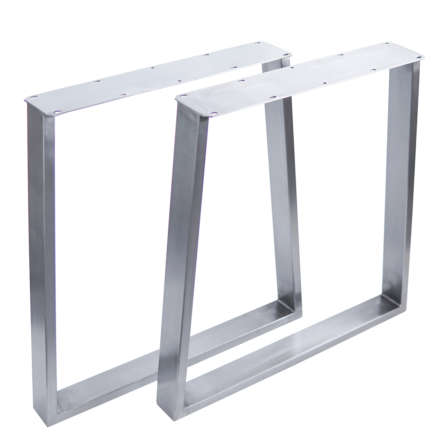 Silver dining table leg frames, trapezoid shape with top plate and bolt holes
