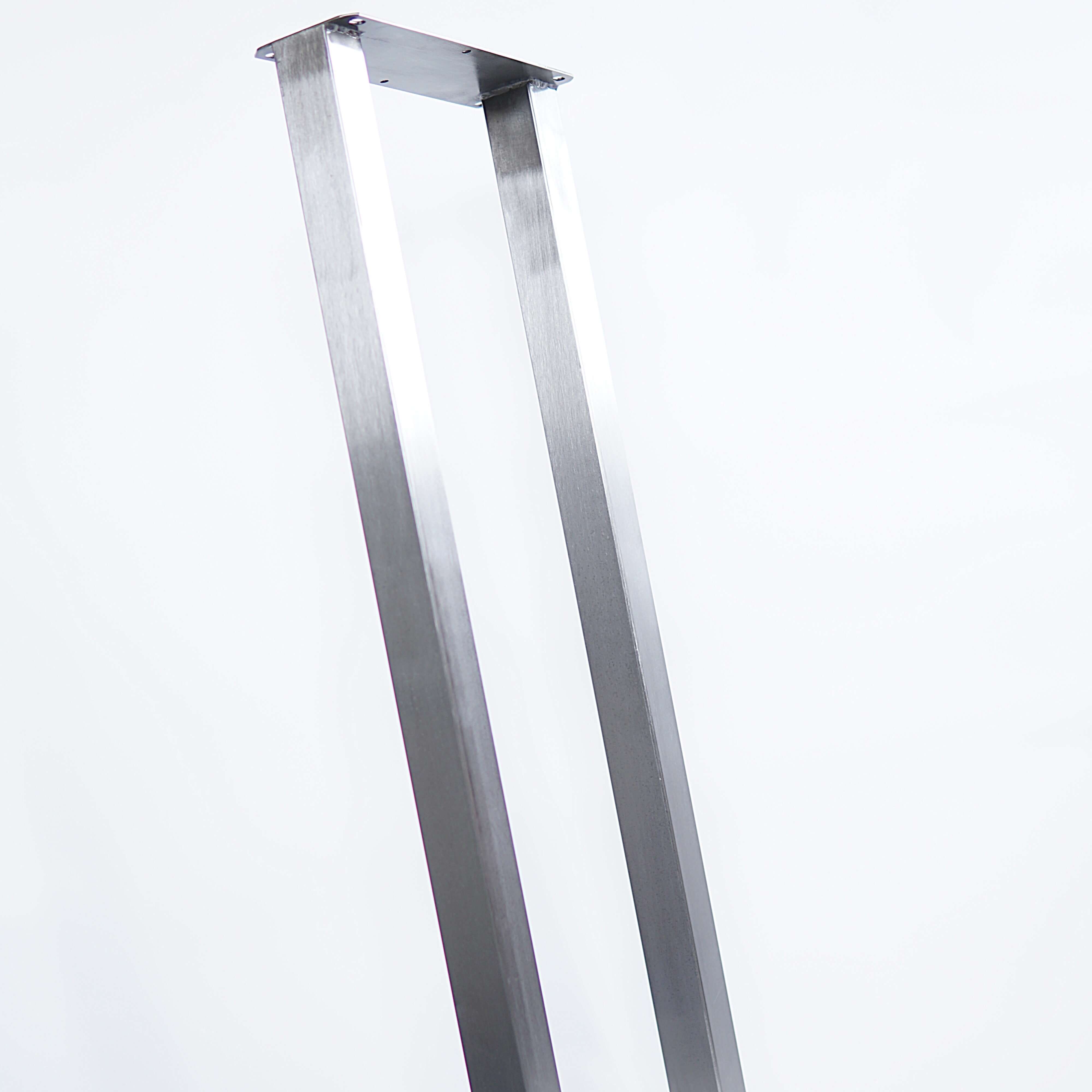 Bar height table U-leg frame close-up, silver metal with top mounting holes