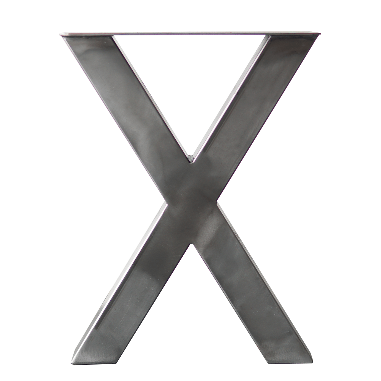Metal bench X legs with V-shaped cross design and base plates, for sturdy support.