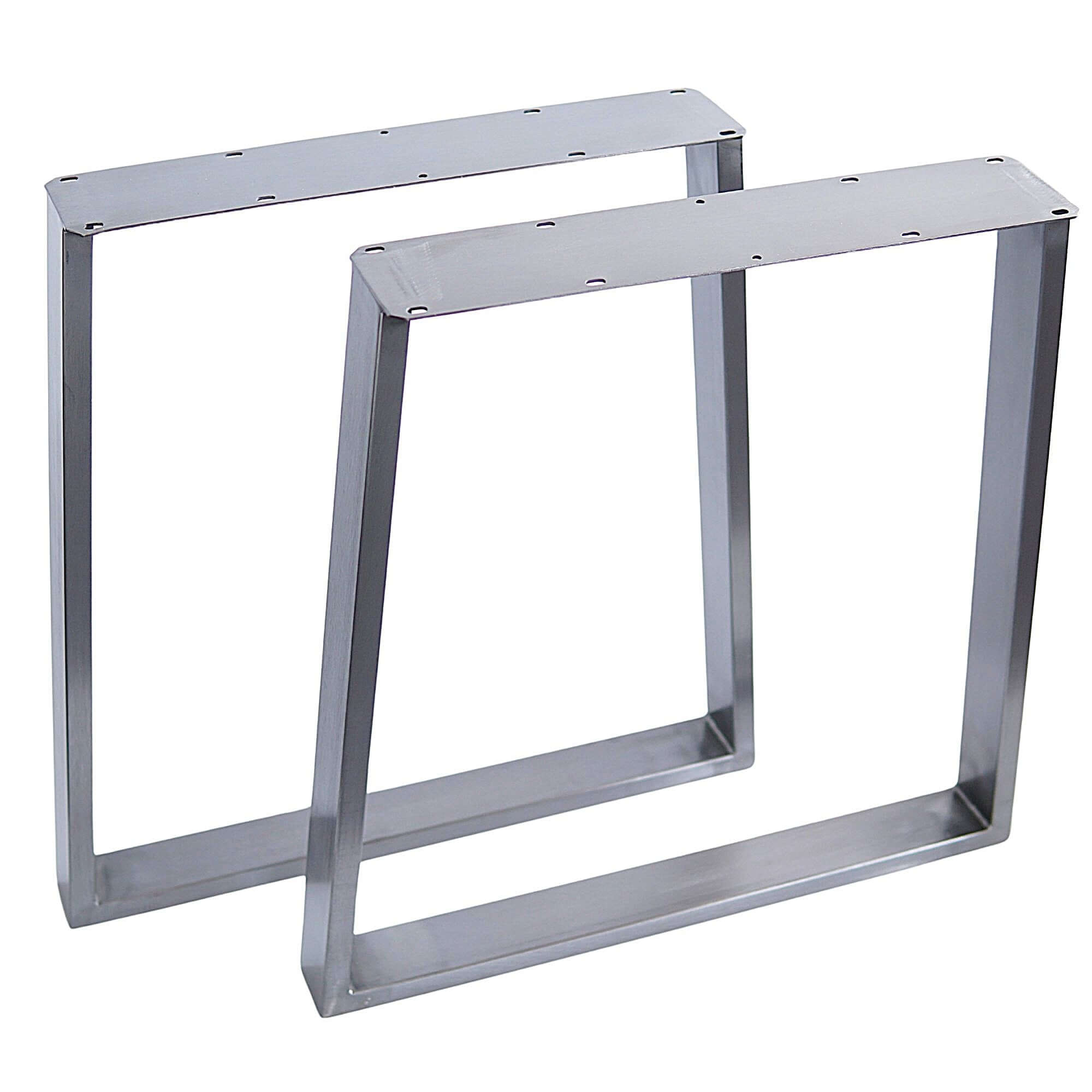 Silver trapezoid dining table leg frames, front view with open rectangular base