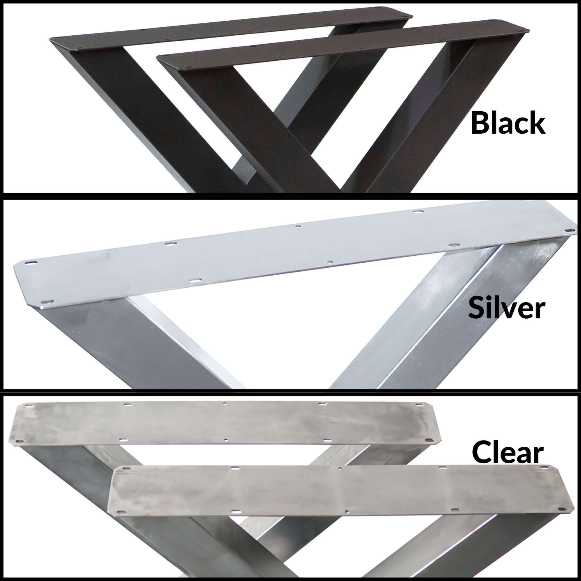 Bench X-leg metal supports shown in black, silver, and clear finishes with mounting plates.