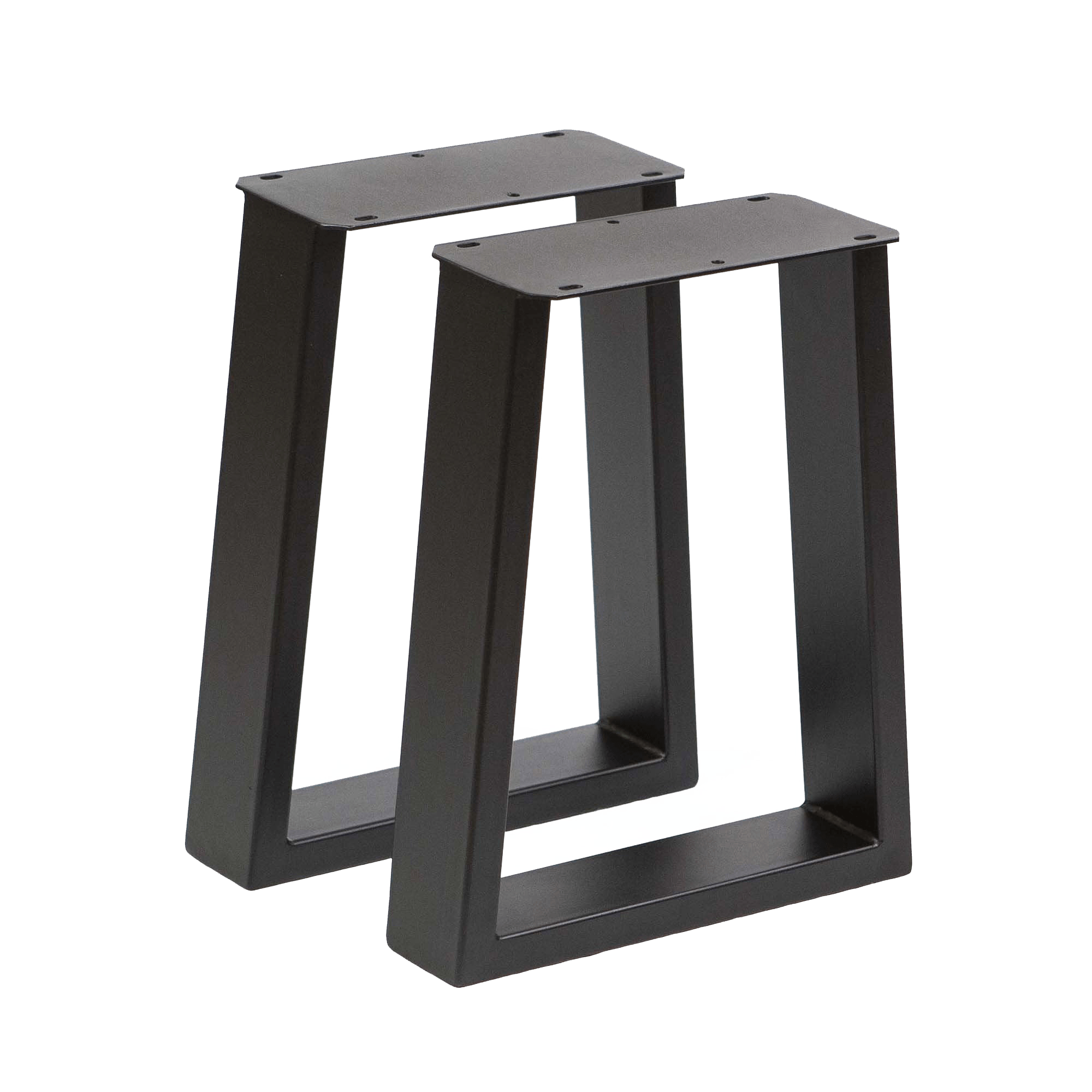 Dark gray trapezoid bench legs, metal frames with mounting holes, pair