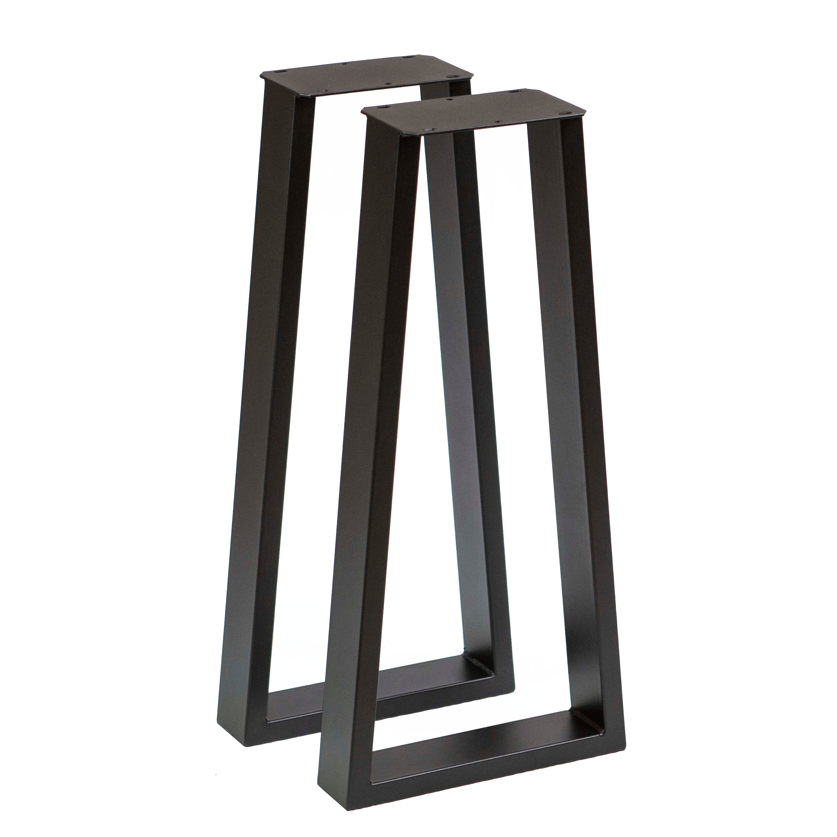 Pair of black trapezoid console table legs with open frame and mounting plates