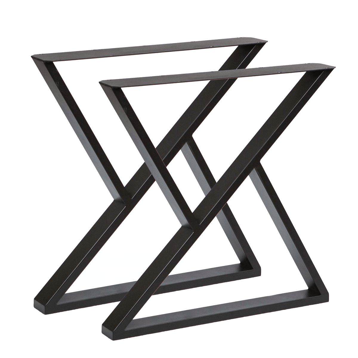 Z-shape dining table legs, black metal crossed X frame, angled supports