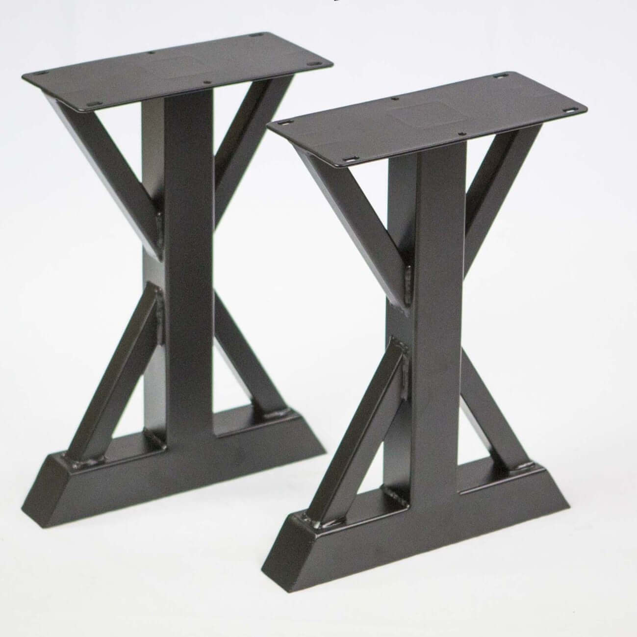 Trestle bench legs, black metal frame with arched braces and flat leveling feet