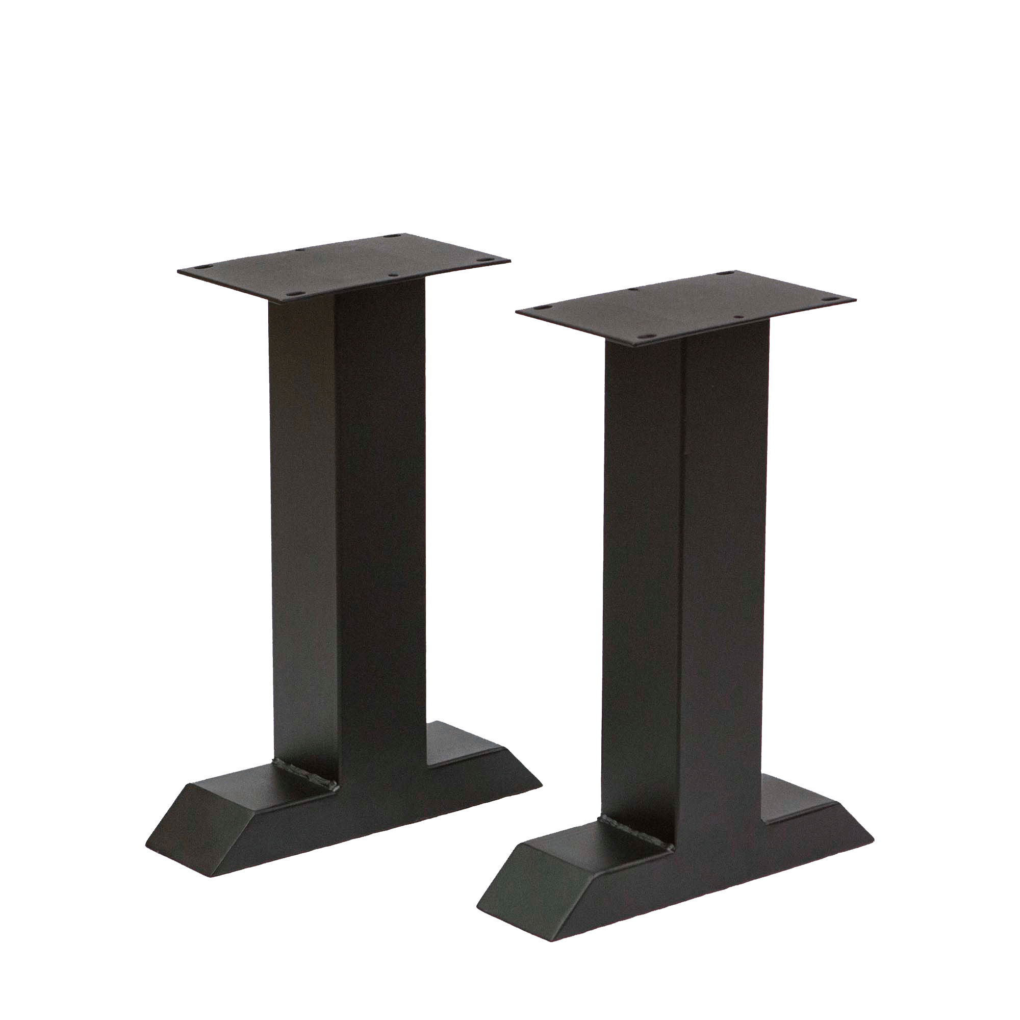 Two black powder-coated bench leg frames with square plates and angled base feet