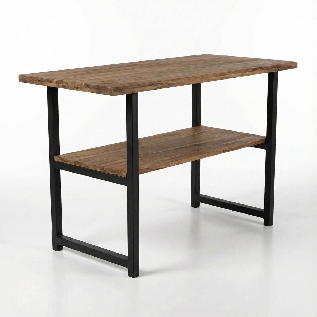 Kitchen island table with dark frame, wooden top and lower shelf, square legs