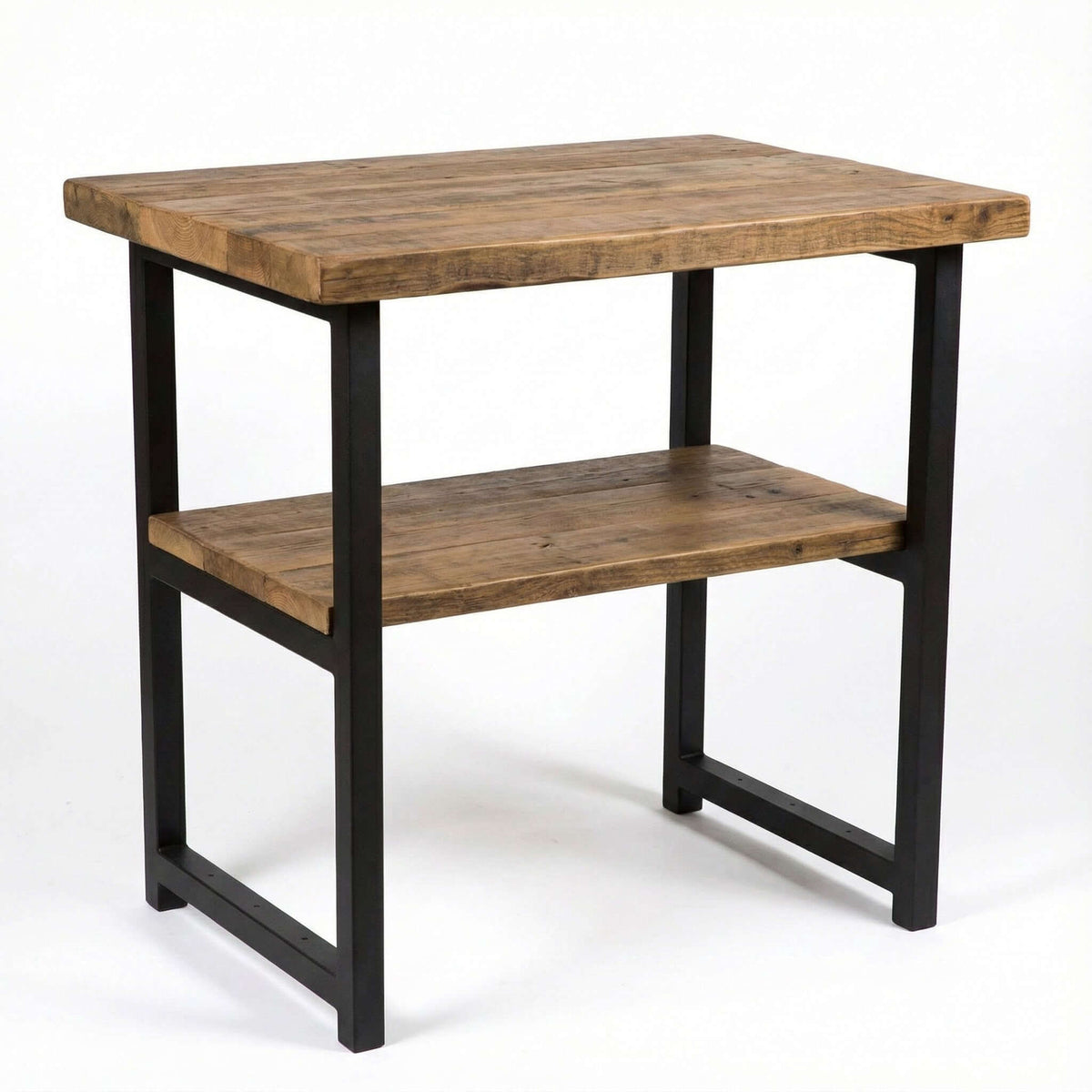 Kitchen island table, wooden square top with lower shelf and black metal legs