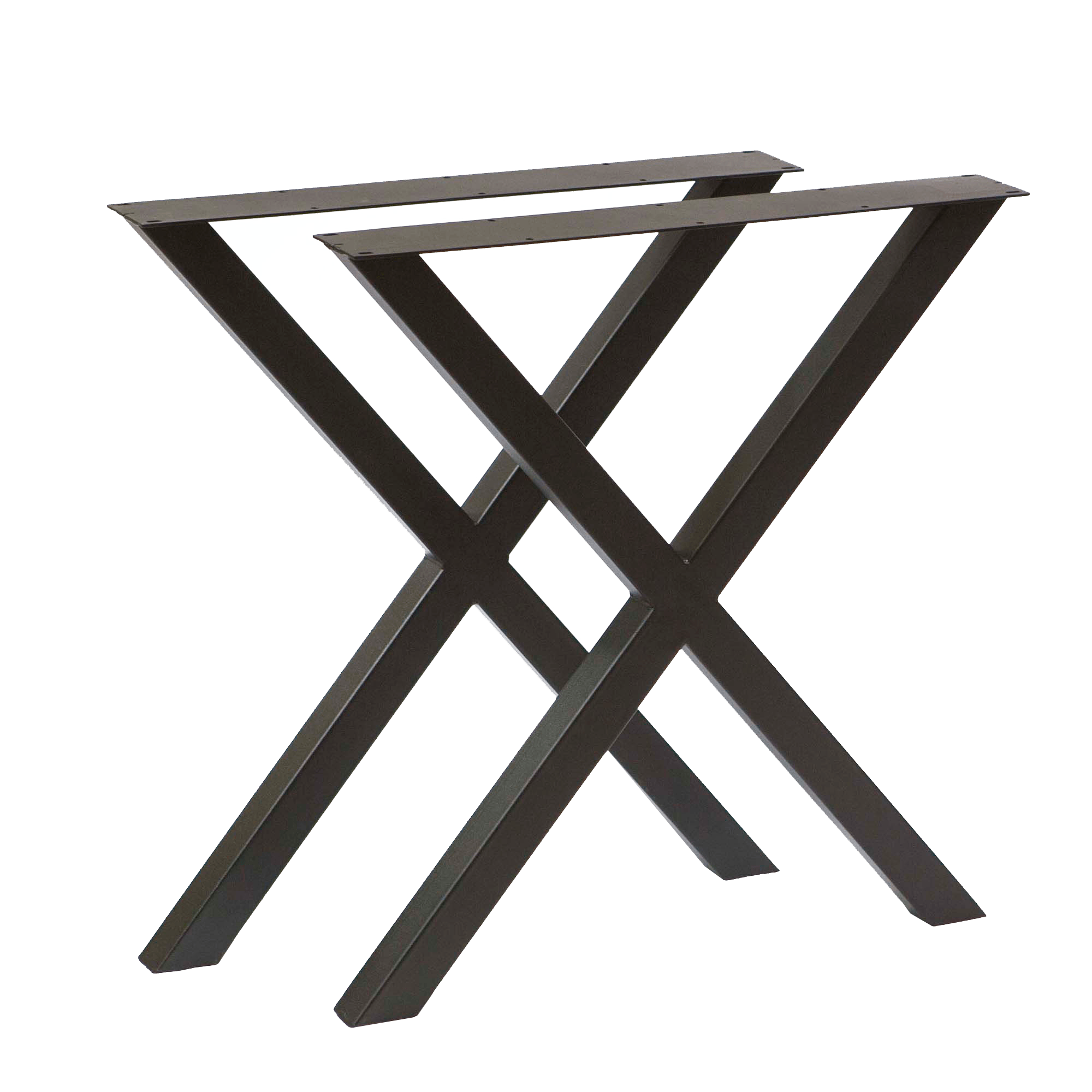 Heavy-duty X dining table leg pair, black metal, angled view of cross bracing