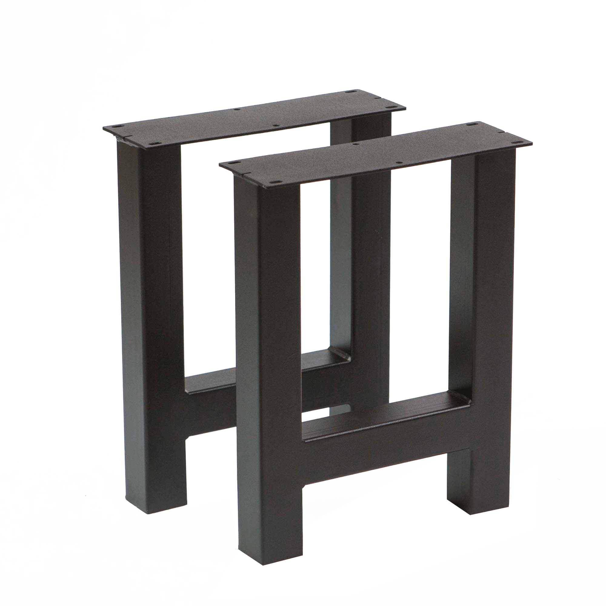 Pair of dark H-leg bench supports with open rectangular frame and top plates