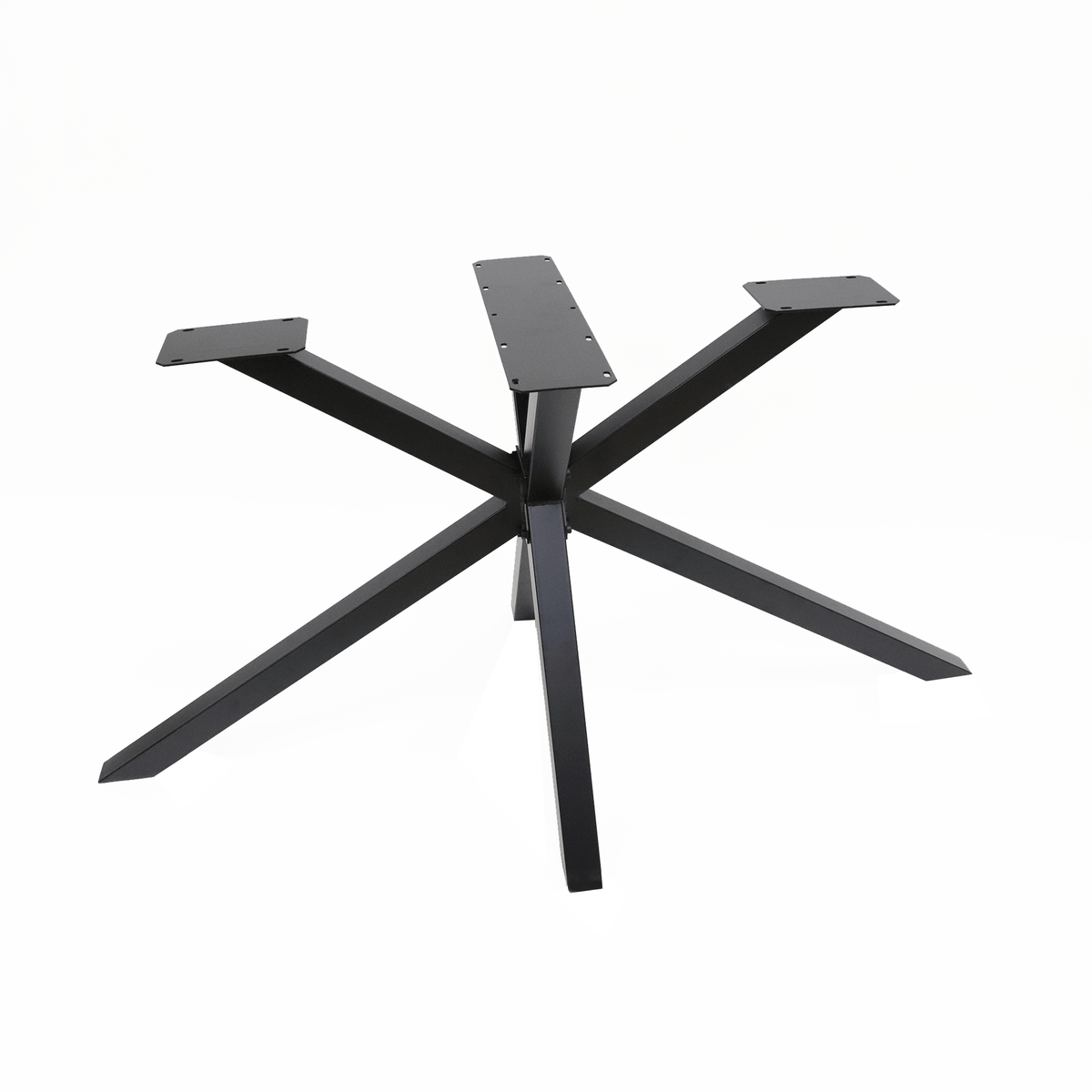 Spider dining table base with central column, five legs, and top mounting plate, dark metal