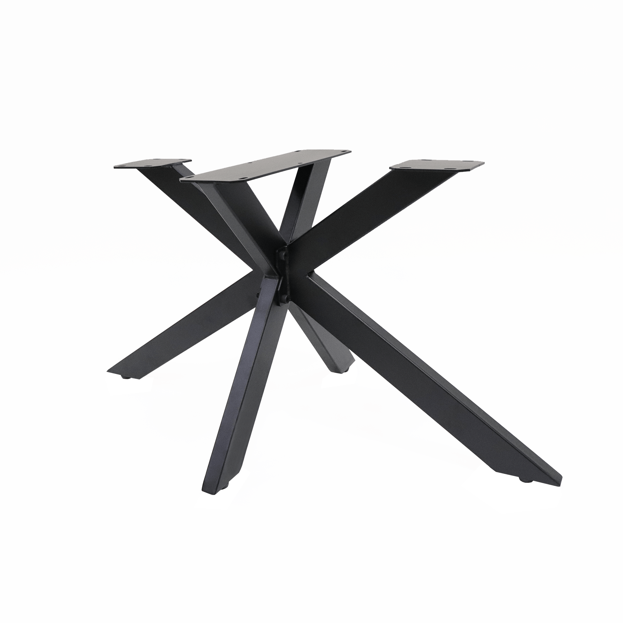 Black spider coffee table base with four arms, center column, and flat mounting feet