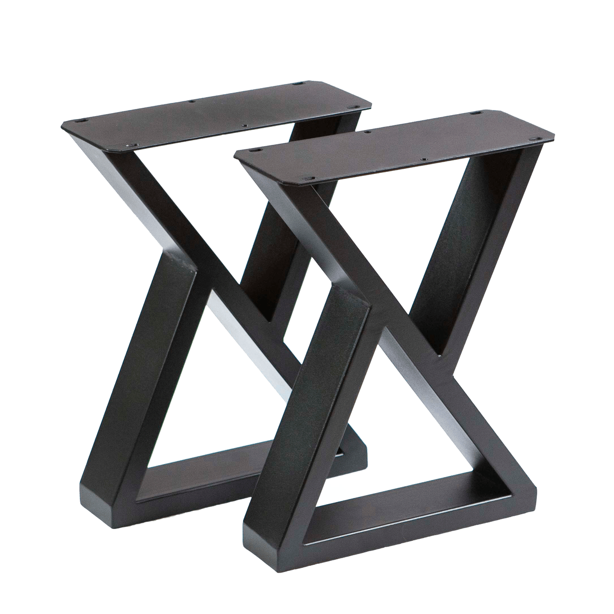 Two black Z-shape bench legs with dark tabletop, metal cross supports