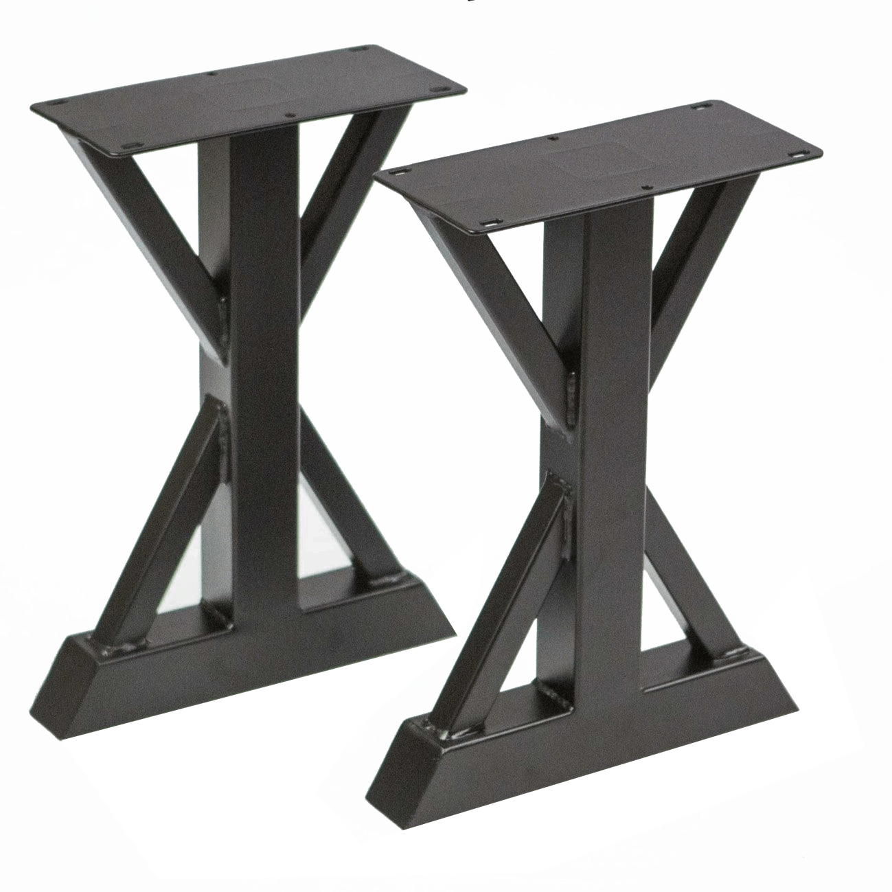 Pair of trestle bench legs, black steel frames with arched braces and flat leveling feet