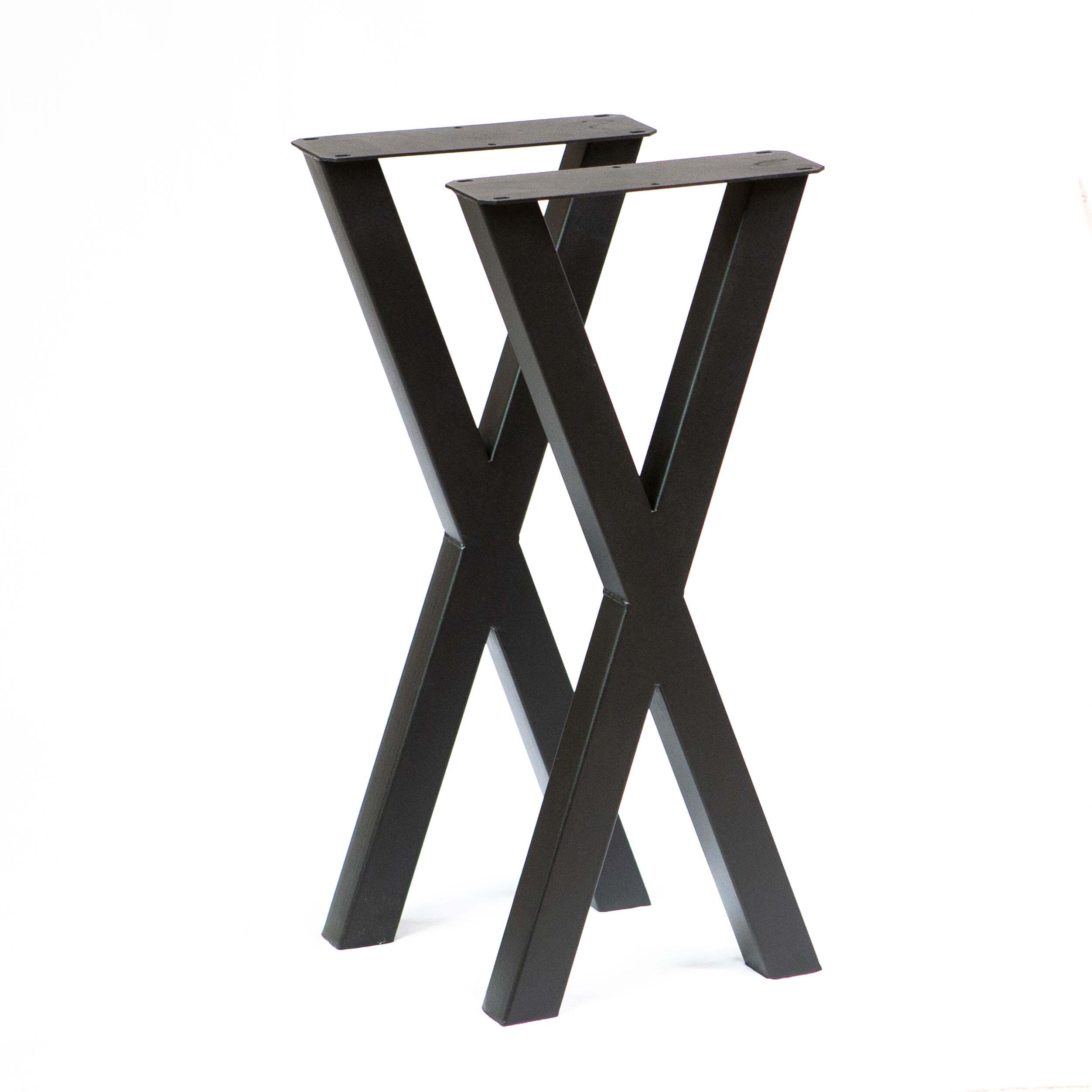 Console table X legs pair with dark tabletop and black steel frame