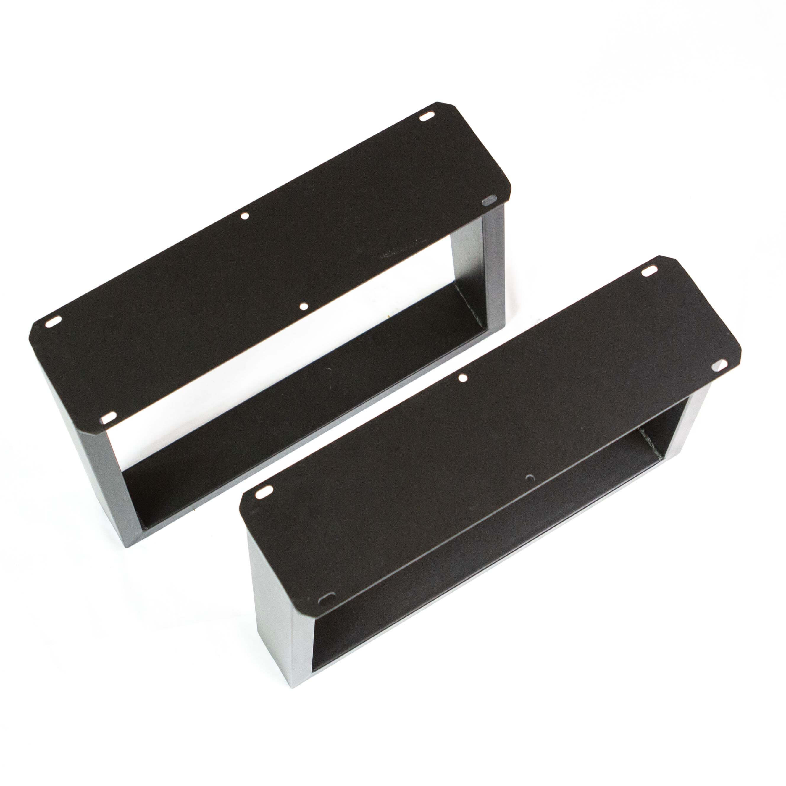 Black metal trapezoid leg frames with mounting holes, narrow top, 2-piece set