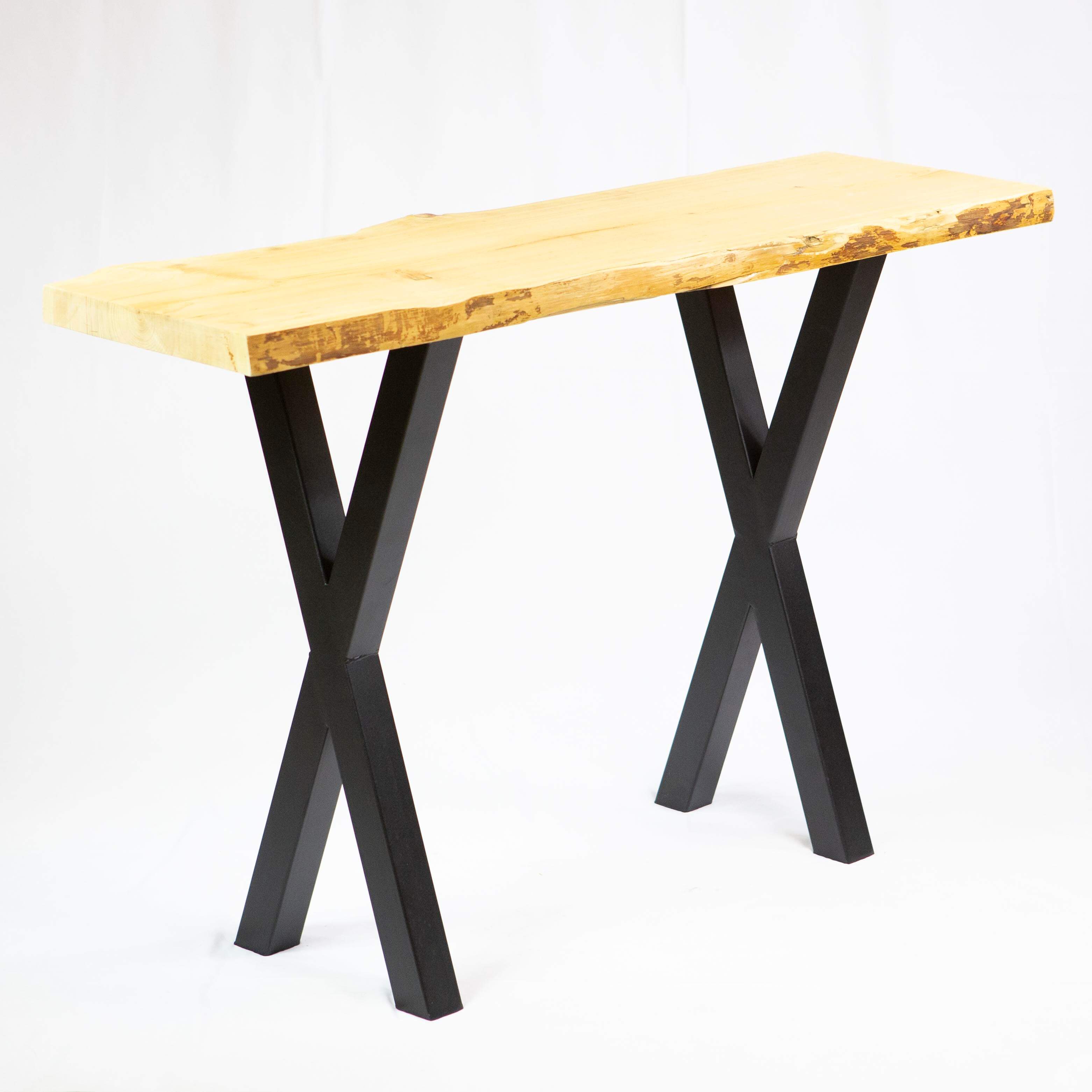 Console table X legs pair with light wood top and black steel supports