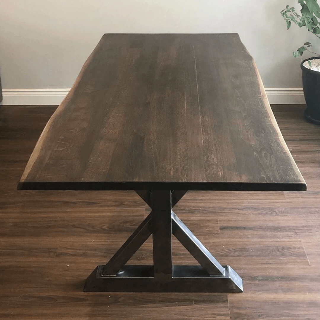 Dining table base legs, dark metal trestle frame with cross-bracing and feet