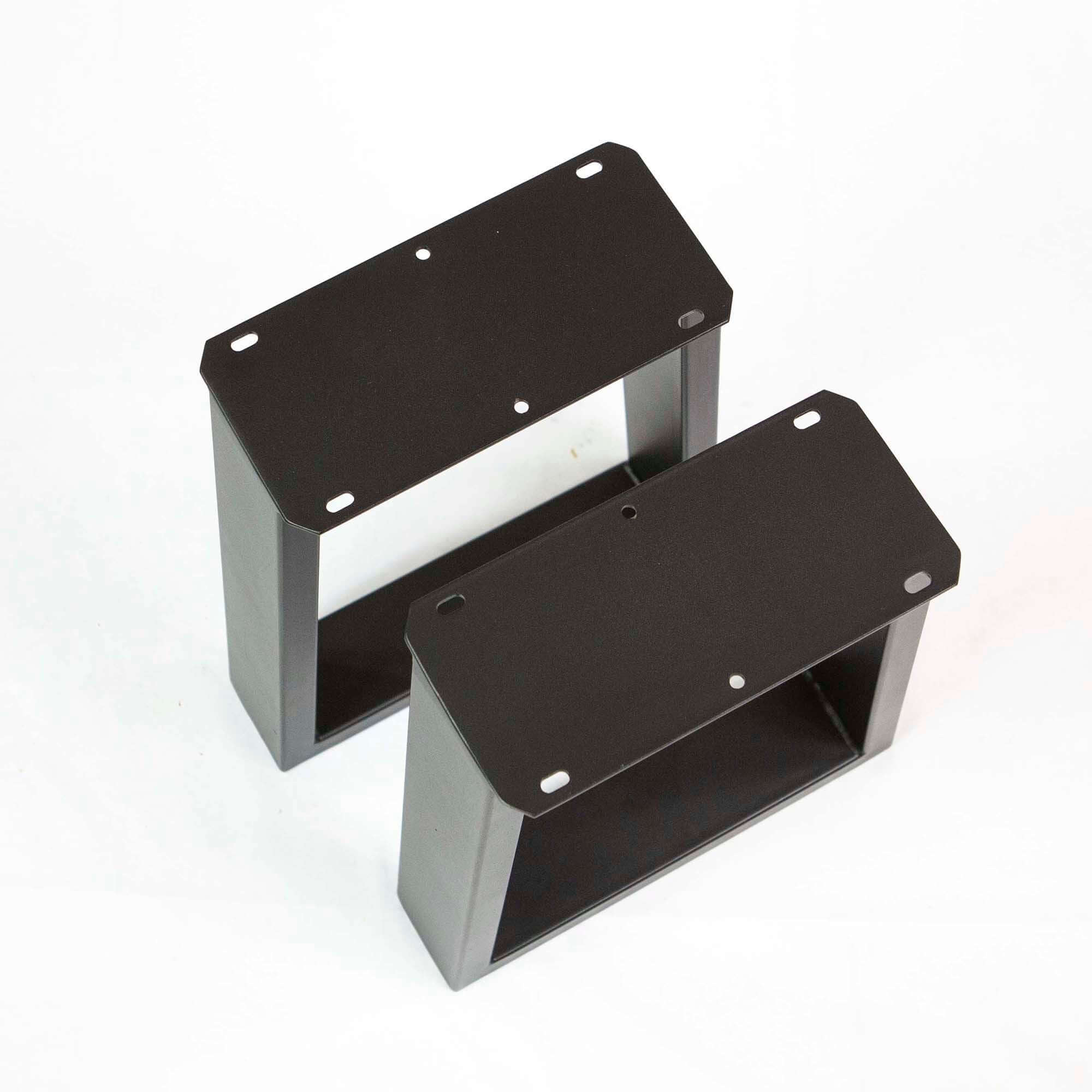 Black and silver trapezoid bench leg frames with mounting holes, pair set