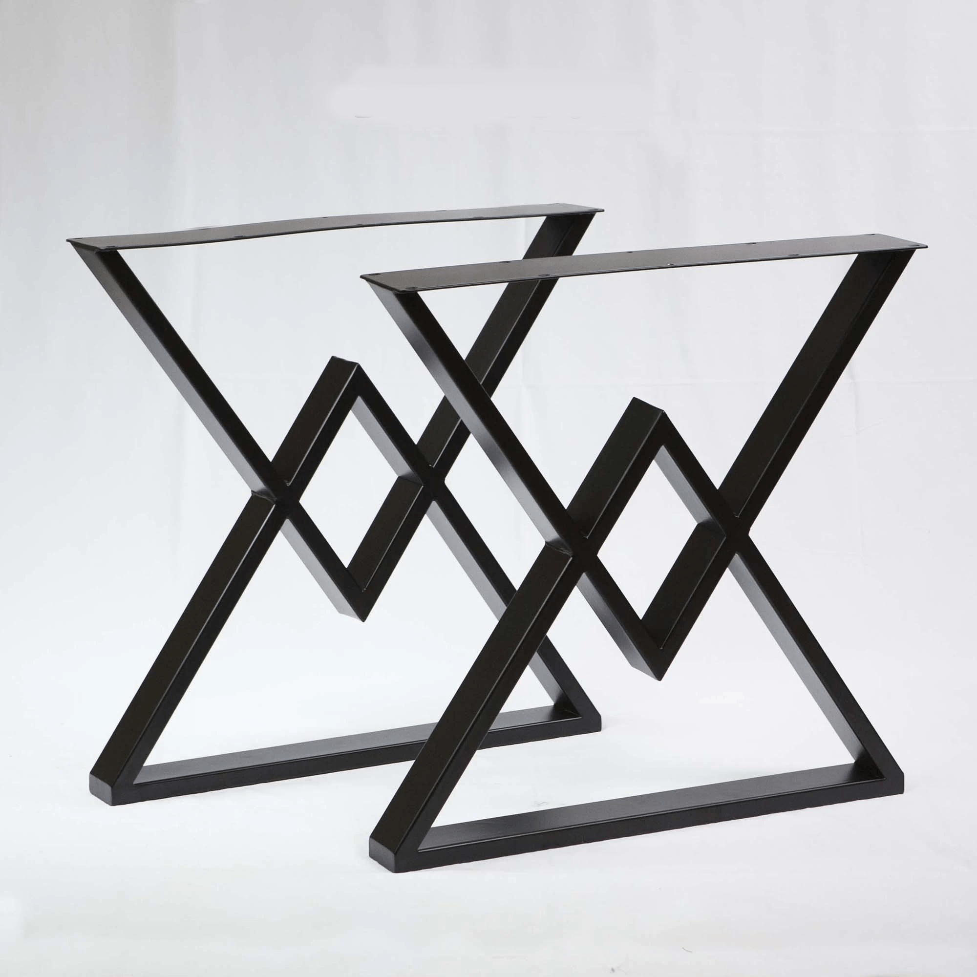 Black metal table legs pair with diamond cutouts and X brace