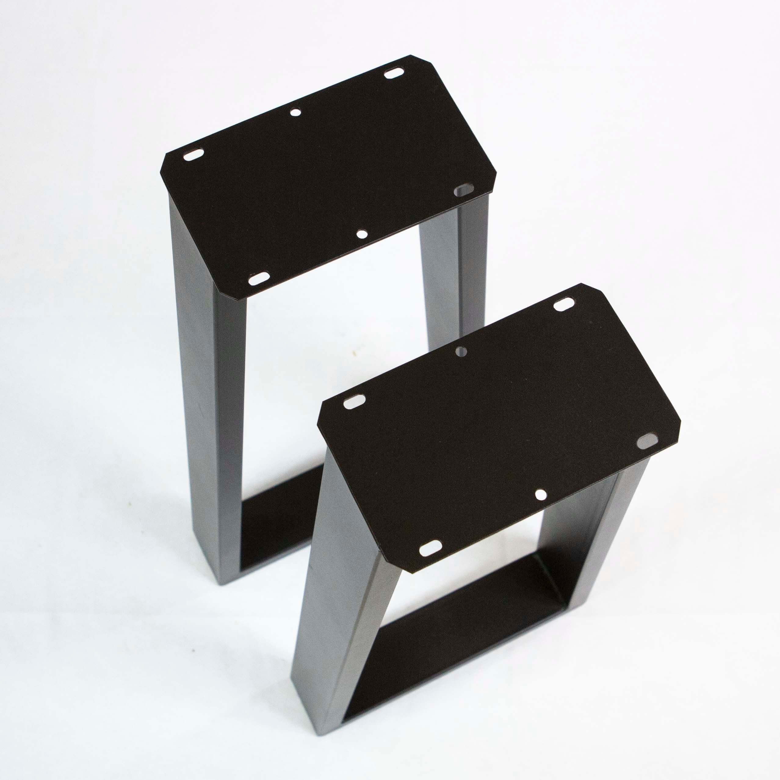 Trapezoid table legs set with black mounting plates and metal frame, pair