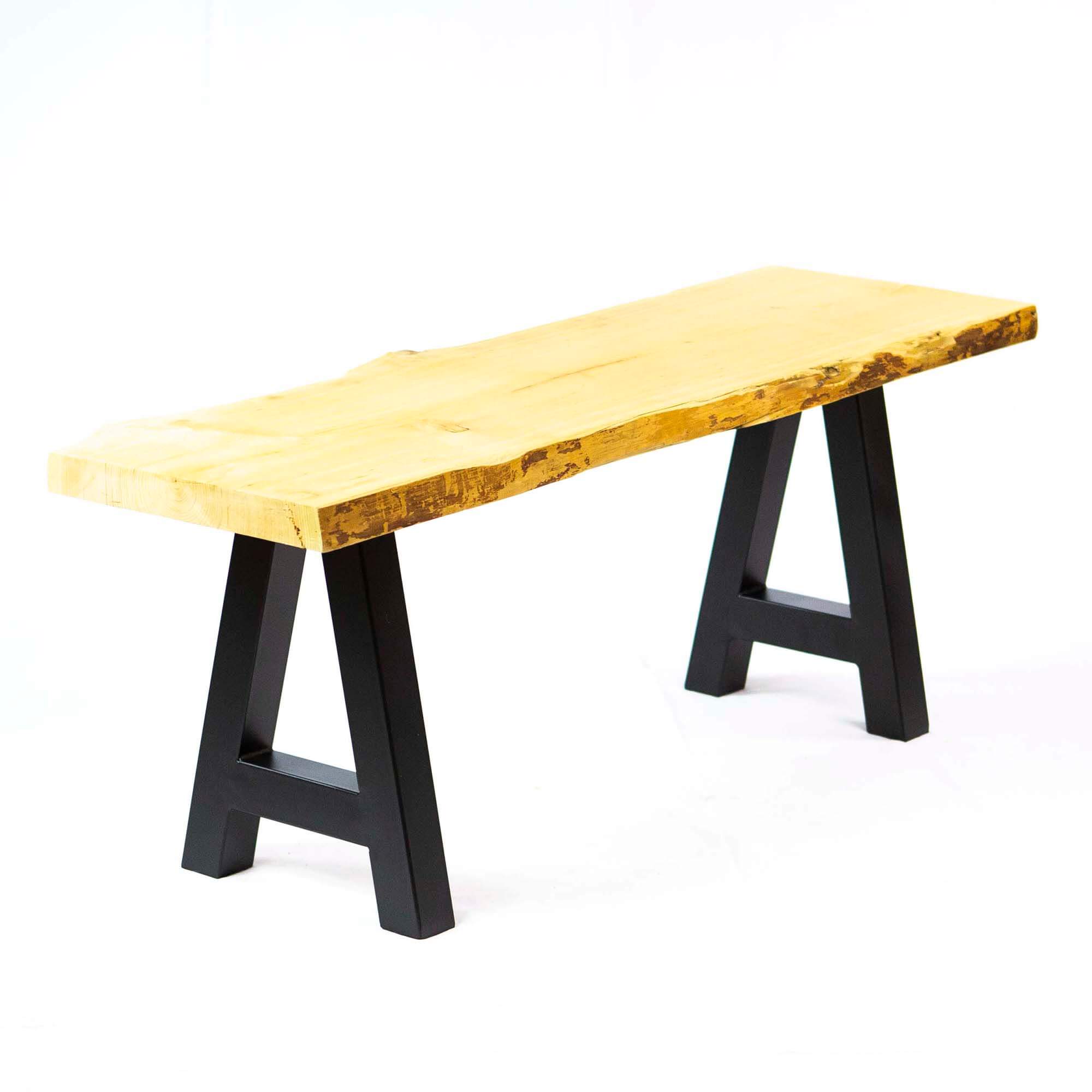 Bench with dark A-frame legs and a light wood plank top