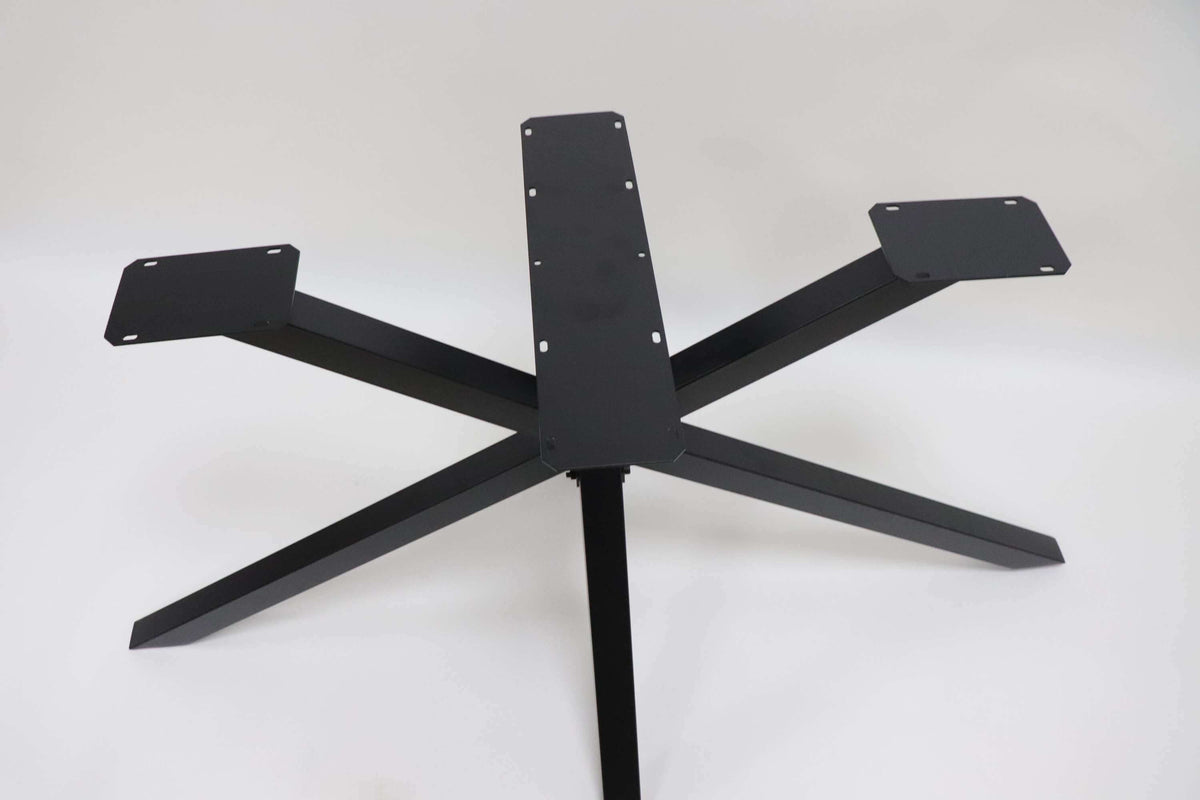 Spider dining table base with five angled legs and a vertical center plate, dark metal