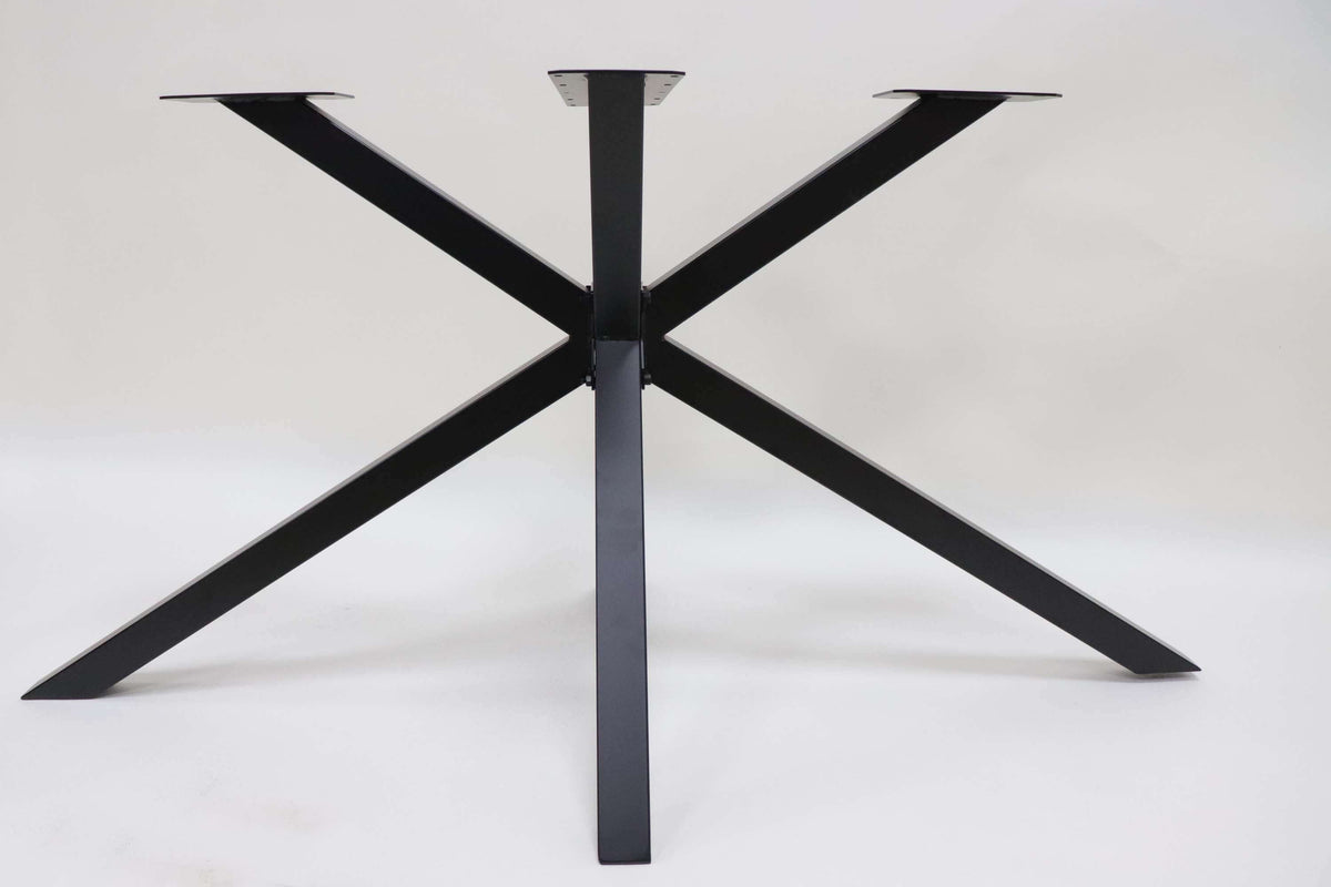 Spider dining table base viewed from side, with central column and five dark legs.