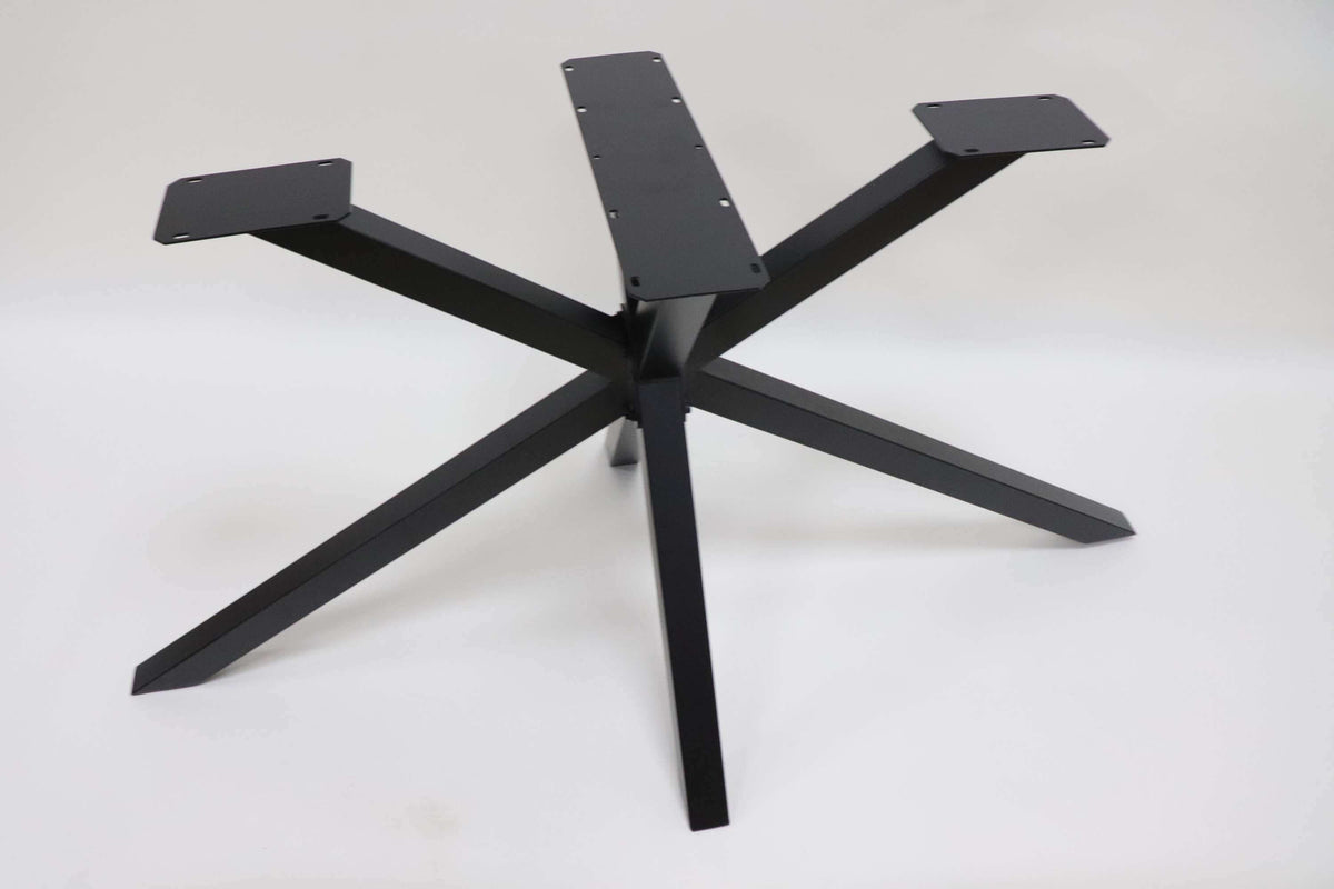 Spider dining table base with five angled legs and central post, dark metal