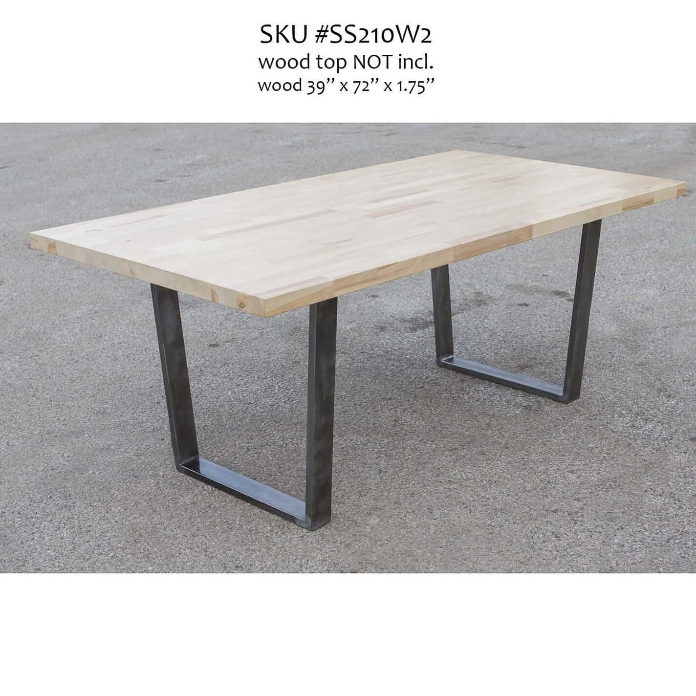 Dining table legs with trapezoid frames and wide top, light wood tabletop