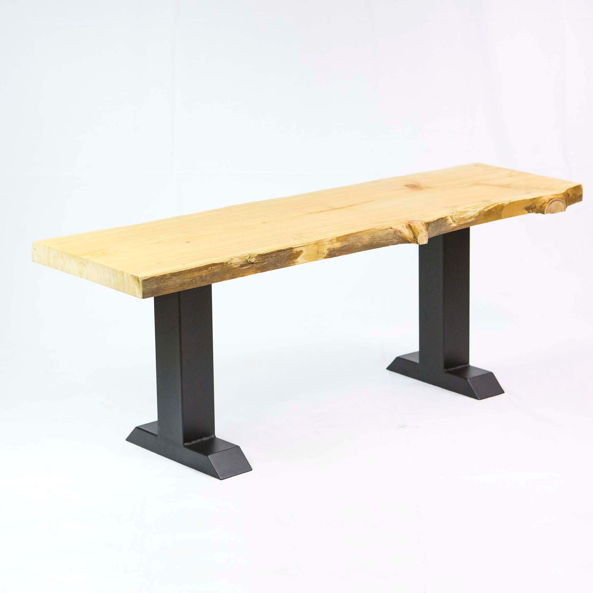 Black powder-coated bench leg frame with wide base foot pads and top mounting plate