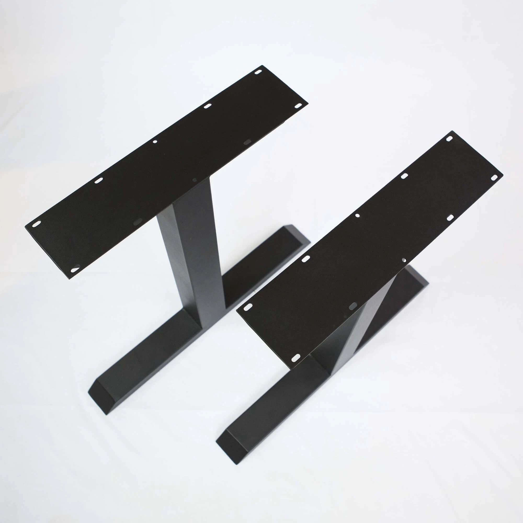 Pair of black powder-coated steel table leg frames with mounting holes
