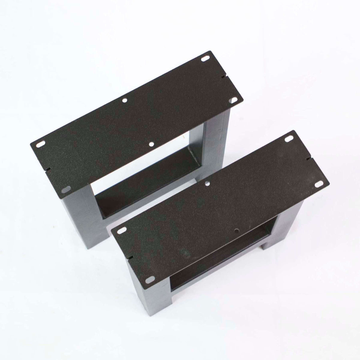 Two black metal H-leg mounting brackets with bolt holes and open rectangular beam