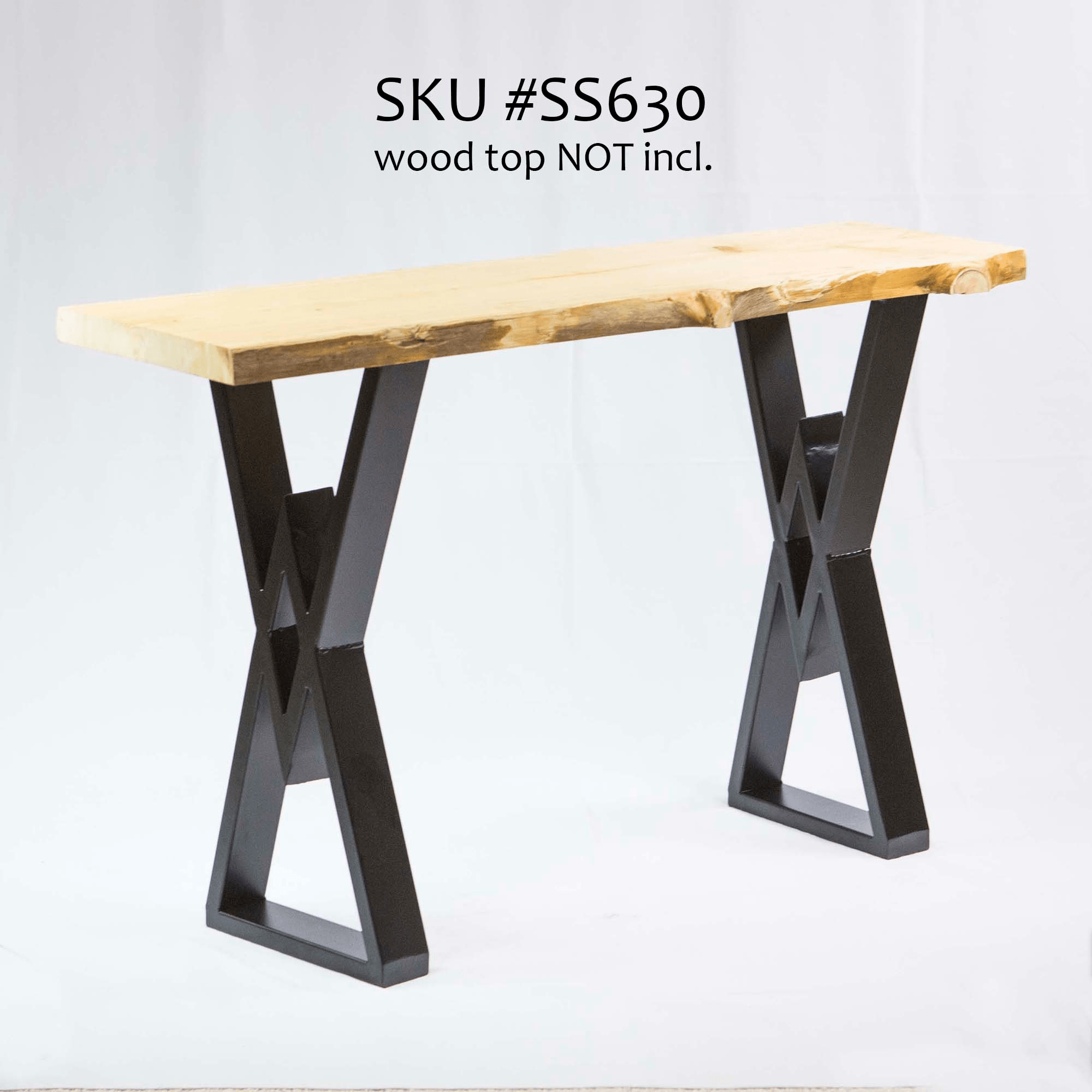 Diamond console table legs in dark metal with light wood top attached