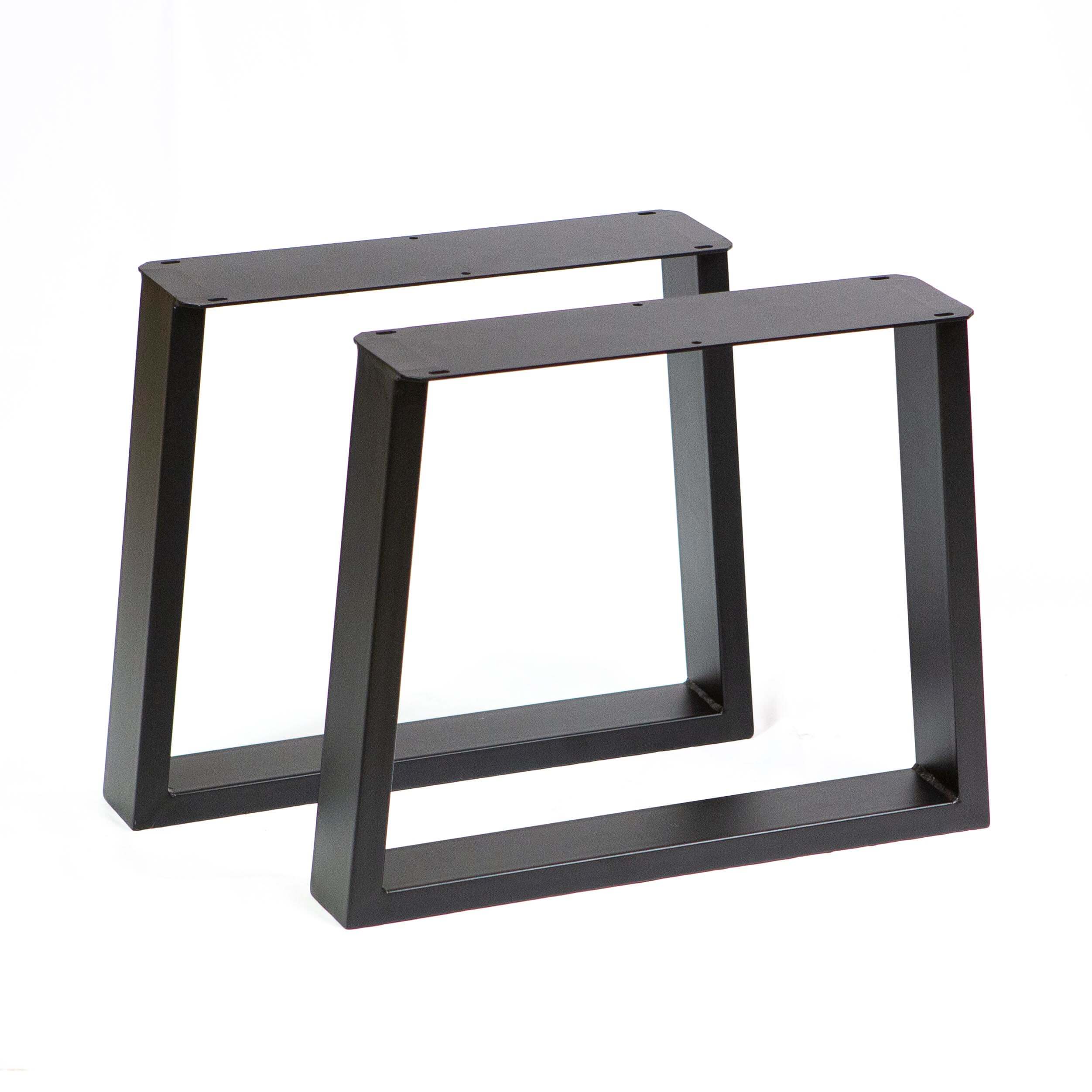 Pair of black metal trapezoid coffee table legs, narrow top, sturdy rectangular frame