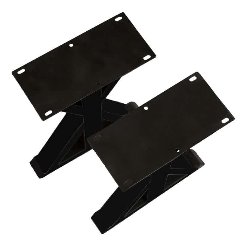 Bench trestle legs mounting brackets with black steel plates and drilled screw holes