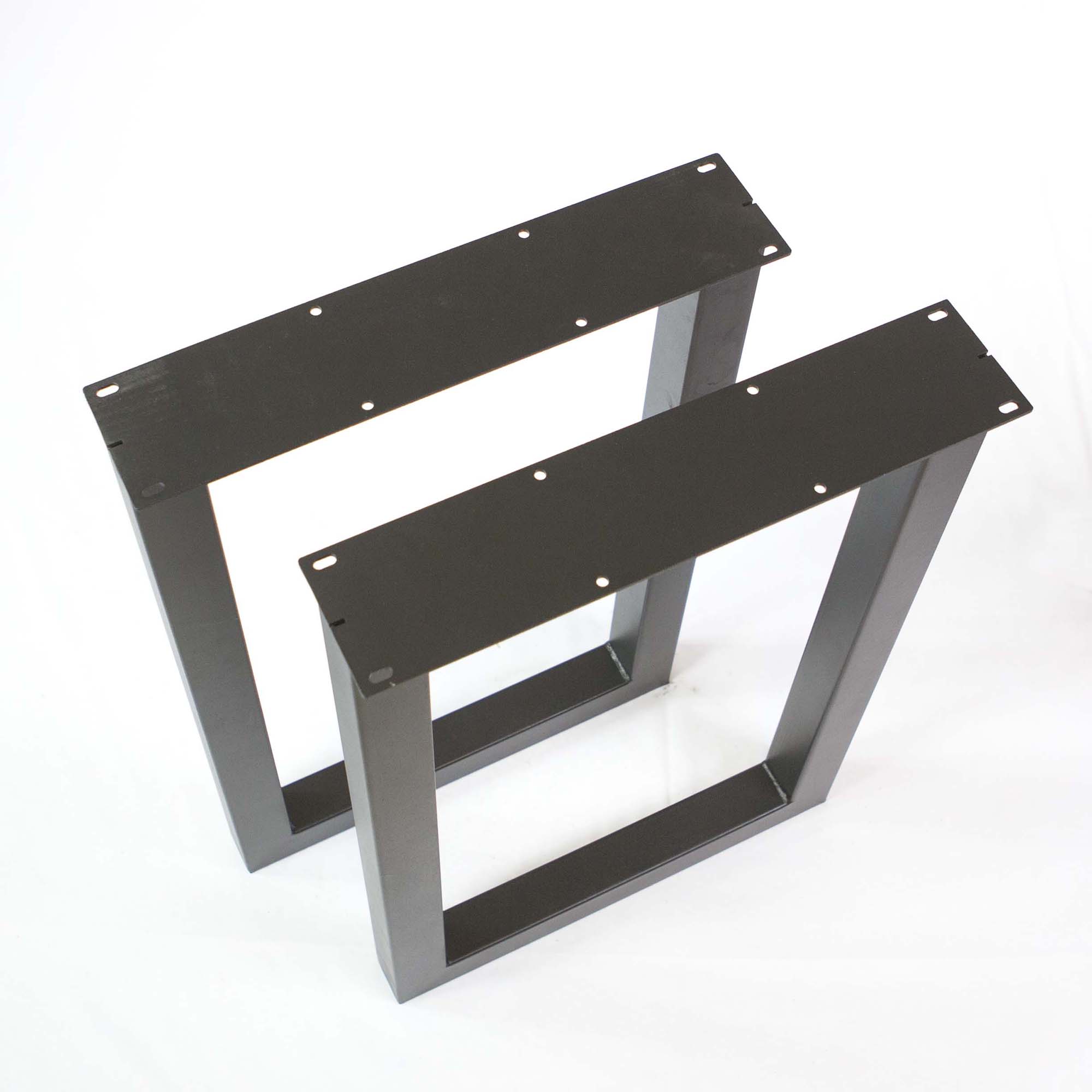 Pair of desk U-leg frames with mounting holes, dark metal, angled view