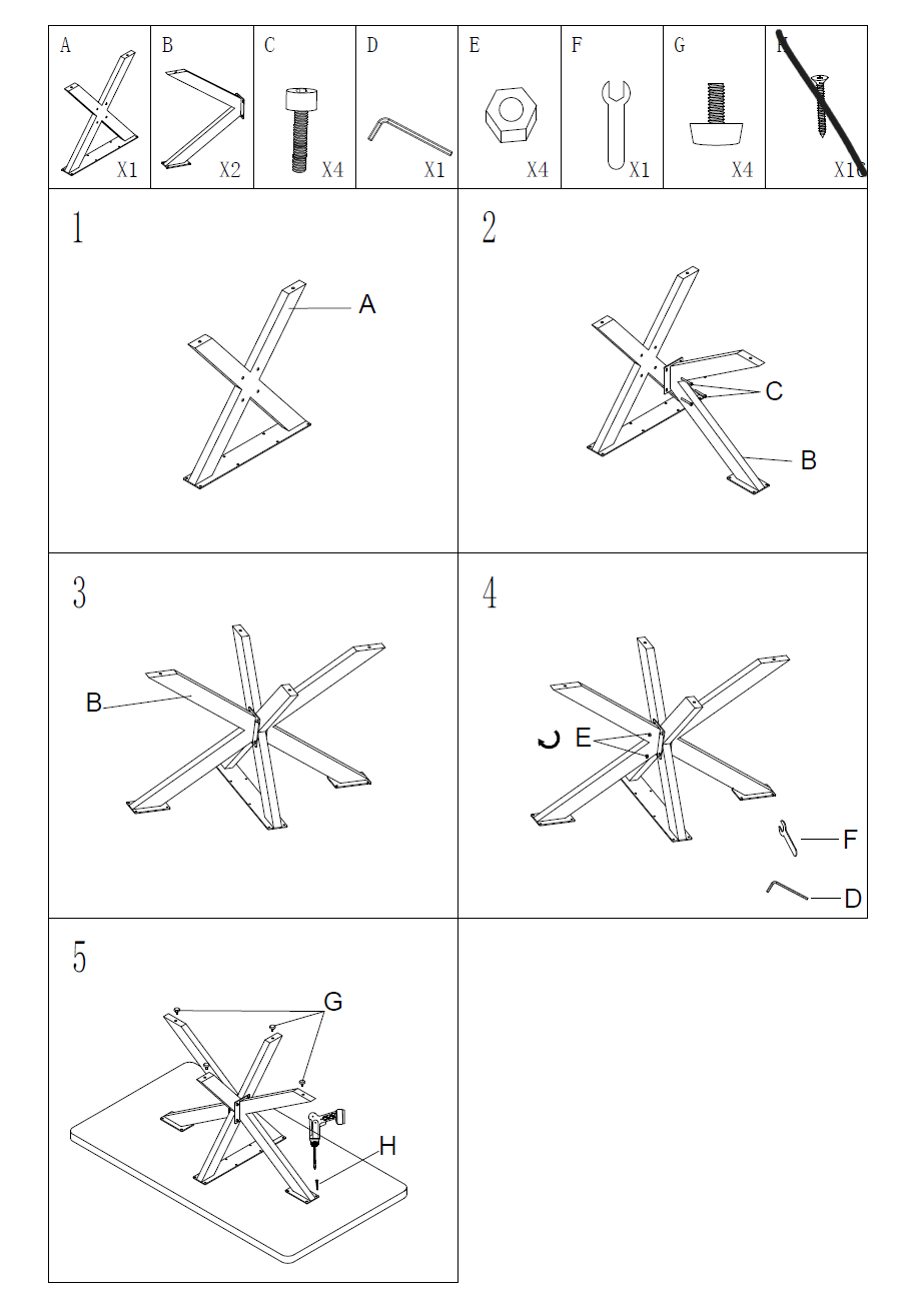 Spider-shaped long dining table base assembly with cross-brace metal brackets
